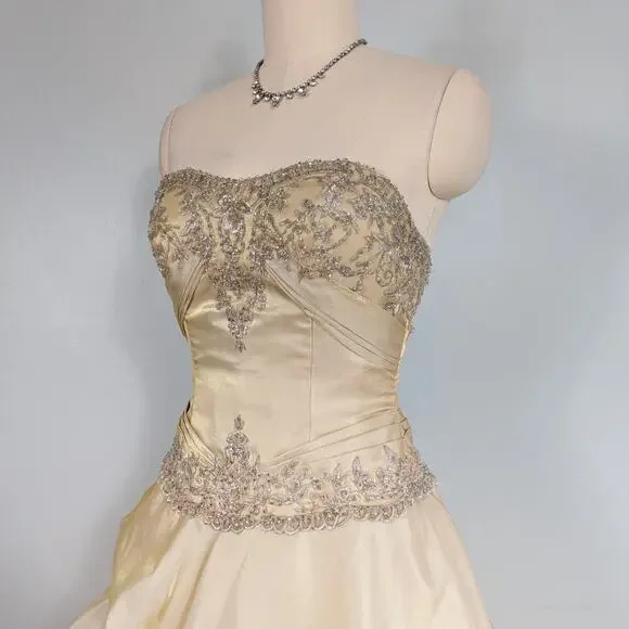 Princess Prom Dress Maxi Ball Gown 10 Yellow Fairy Y2K Beaded Glam Belle Lace